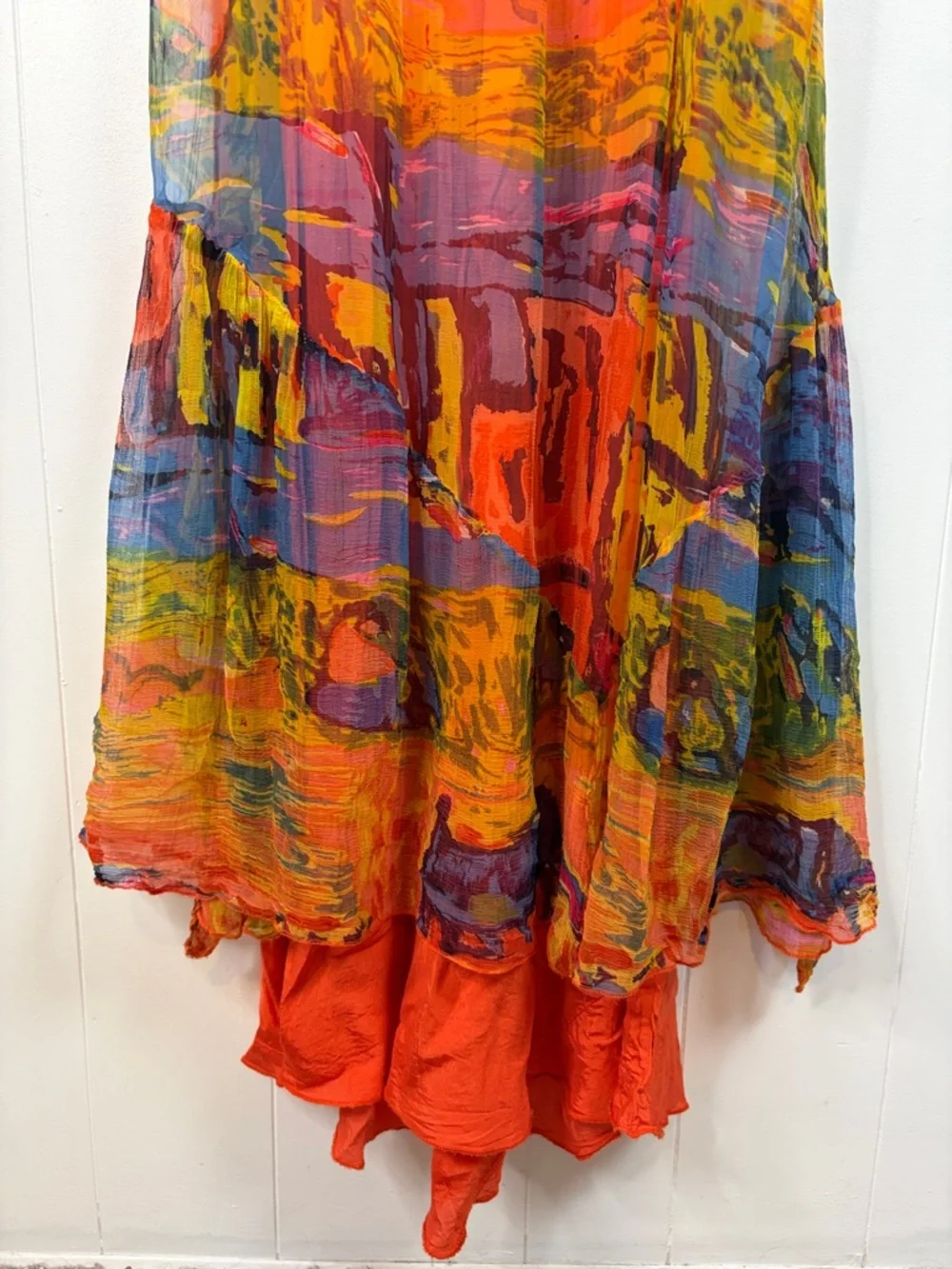 Vintage 90s Grunge Abstract Orange Art Wear Print Mesh Maxi Dress Size Small - Picture 5 of 12